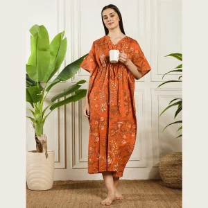 Women Beach Wear Caftan Orange Floral Print - Image 5