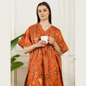 Women Beach Wear Caftan Orange Floral Print - Image 6