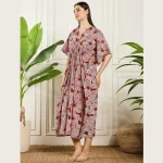 Women Dress Maroon Hand Floral Print Beach Cover up Kaftan - Image 3