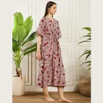 Women Dress Maroon Hand Floral Print Beach Cover up Kaftan - Image 4