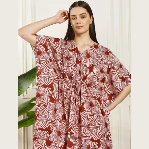 Women Dress Maroon Hand Floral Print Beach Cover up Kaftan - Image 6