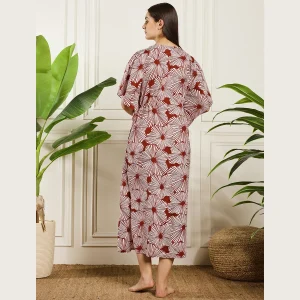 Women Dress Maroon Hand Floral Print Beach Cover up Kaftan - Image 7