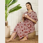 Women Dress Maroon Hand Floral Print Beach Cover up Kaftan - Image 5