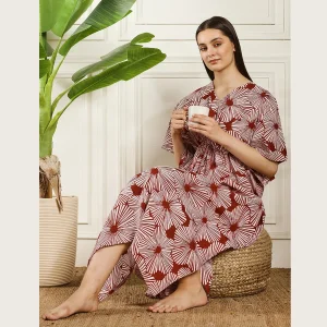 Women Dress Maroon Hand Floral Print Beach Cover up Kaftan - Image 5