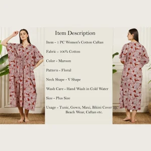 Women Dress Maroon Hand Floral Print Beach Cover up Kaftan - Image 8