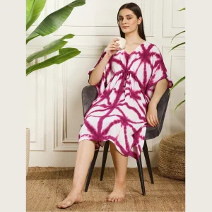 Women Kaftan Holiday Beach Wear Kimono Pink Tie Dye Short Dress - Image 5