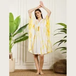 Women Kimono Rayon Kaftan Knee Length Yellow Tie Dye Dress - Image 2