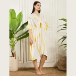 Women Kimono Rayon Kaftan Knee Length Yellow Tie Dye Dress - Image 4