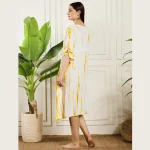 Women Kimono Rayon Kaftan Knee Length Yellow Tie Dye Dress - Image 7