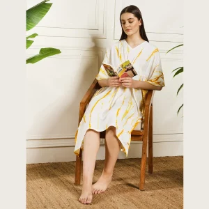 Women Kimono Rayon Kaftan Knee Length Yellow Tie Dye Dress - Image 5