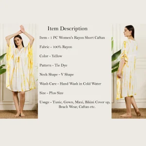 Women Kimono Rayon Kaftan Knee Length Yellow Tie Dye Dress - Image 8