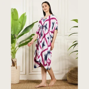 Women Pink Grey Tie-dye Rayon Baggy Kaftan Dress - Image 6