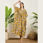 Women Summer Party Wear Mustard Yellow Kaftan Cat's Print - Image 2