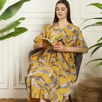 Women Summer Party Wear Mustard Yellow Kaftan Cat's Print