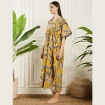 Women Summer Party Wear Mustard Yellow Kaftan Cat's Print - Image 3