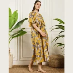 Women Summer Party Wear Mustard Yellow Kaftan Cat's Print - Image 4