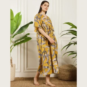 Women Summer Party Wear Mustard Yellow Kaftan Cat's Print - Image 4