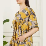 Women Summer Party Wear Mustard Yellow Kaftan Cat's Print - Image 8