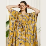 Women Summer Party Wear Mustard Yellow Kaftan Cat's Print - Image 7