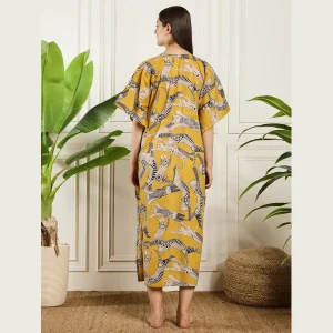 Women Summer Party Wear Mustard Yellow Kaftan Cat's Print - Image 9