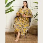 Women Summer Party Wear Mustard Yellow Kaftan Cat's Print - Image 5