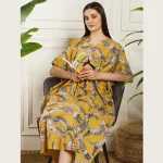 Women Summer Party Wear Mustard Yellow Kaftan Cat's Print - Image 6