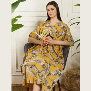 Women Summer Party Wear Mustard Yellow Kaftan Cat's Print - Image 6