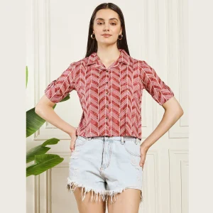 Women Summer Short Sleeves Casual Tops Maroon Arrow Print - Image 3