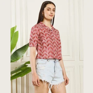 Women Summer Short Sleeves Casual Tops Maroon Arrow Print - Image 4