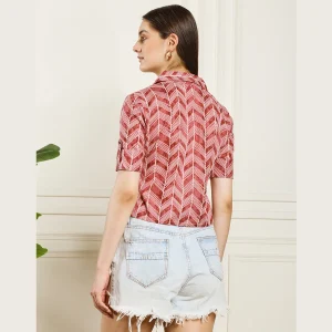 Women Summer Short Sleeves Casual Tops Maroon Arrow Print - Image 8