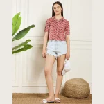 Women Summer Short Sleeves Casual Tops Maroon Arrow Print - Image 7
