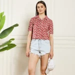 Women Summer Short Sleeves Casual Tops Maroon Arrow Print