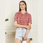 Women Summer Short Sleeves Casual Tops Maroon Arrow Print - Image 2