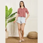 Women Summer Short Sleeves Casual Tops Maroon Arrow Print - Image 6