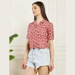Women Summer Short Sleeves Casual Tops Maroon Arrow Print - Image 5