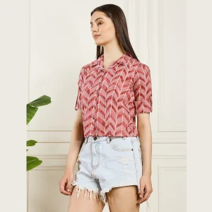 Women Summer Short Sleeves Casual Tops Maroon Arrow Print - Image 5