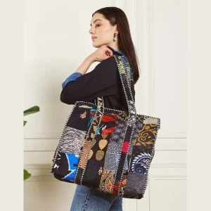 Women's Black Patchwork Quilted Silk Bags - Image 3