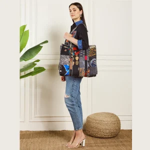 Women's Black Patchwork Quilted Silk Bags - Image 4