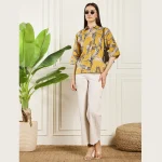 Women's Cat's Print Cotton Button-Down Shirt Mustard Top's - Image 6
