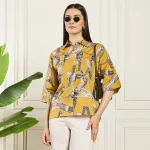 Women's Cat's Print Cotton Button-Down Shirt Mustard Top's