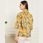 Women's Cat's Print Cotton Button-Down Shirt Mustard Top's - Image 7
