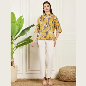 Women's Cat's Print Cotton Button-Down Shirt Mustard Top's - Image 5
