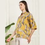 Women's Cat's Print Cotton Button-Down Shirt Mustard Top's - Image 3