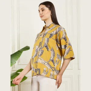 Women's Cat's Print Cotton Button-Down Shirt Mustard Top's - Image 3