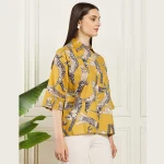 Women's Cat's Print Cotton Button-Down Shirt Mustard Top's - Image 4