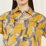 Women's Cat's Print Cotton Button-Down Shirt Mustard Top's - Image 8