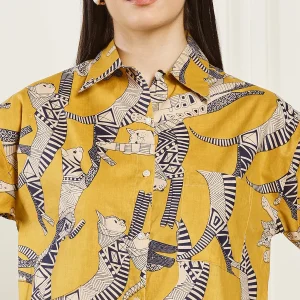 Women's Cat's Print Cotton Button-Down Shirt Mustard Top's - Image 8