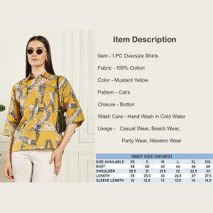 Women's Cat's Print Cotton Button-Down Shirt Mustard Top's - Image 9