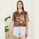 Women's Cotton Regular Fit Shirt Brown Paisley Print T-Shirts - Image 2