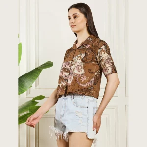 Women's Cotton Regular Fit Shirt Brown Paisley Print T-Shirts - Image 3